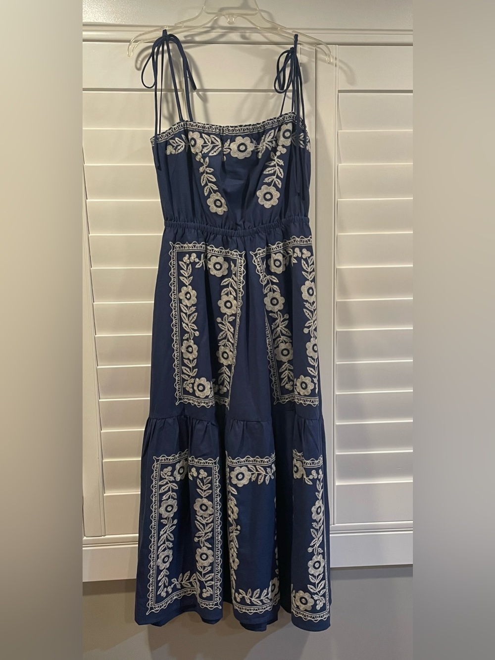Mable Navy Midi Dress with Cream Embroidered Floral Panels and Tiered Skirt - L